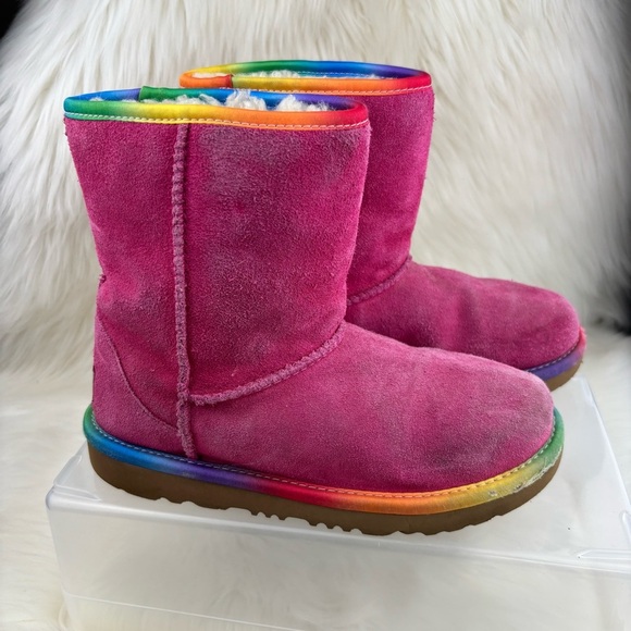 UGG pink Suede Boots with Rainbow Accents size 3 kids - Picture 2 of 11